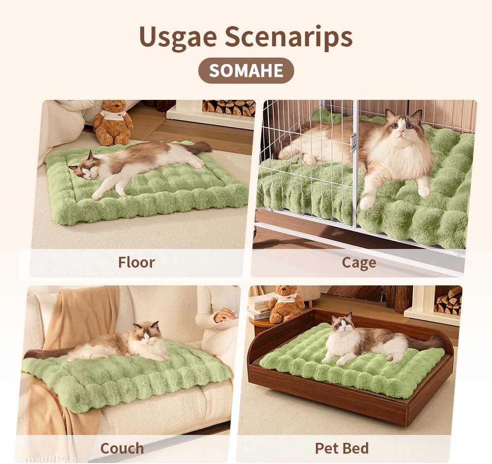 Cat Beds for Indoor Cats Faux Fur Pet Mat Cute Kitten Plush Bed with Non-Slip Bottom for Carriers/Sofa Dog & Puppy Friendly 27 x 20 Inch Large Green