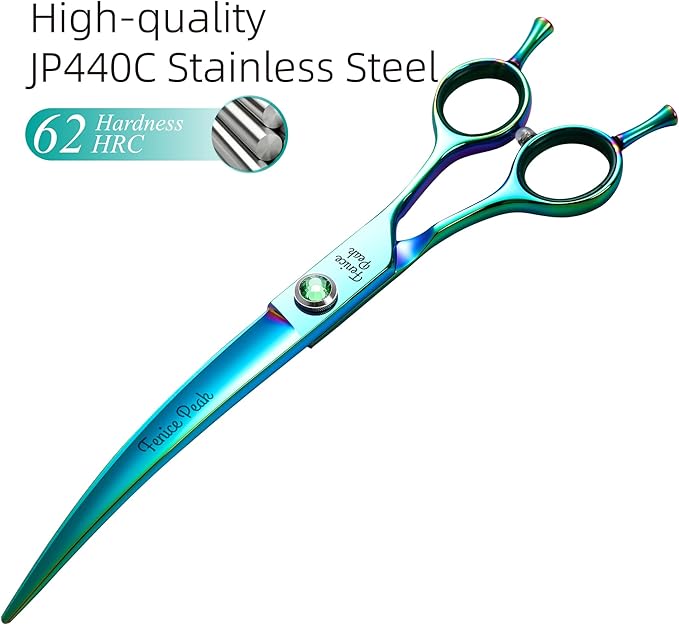 Fenice Peak 7.5'' Green Curved Dog Grooming Scissors Pet Shears with Ergonomic Offest Handle and Simulated Emerald Screw 440C Grooming Scissors Trimming Shears Durable and Sharp