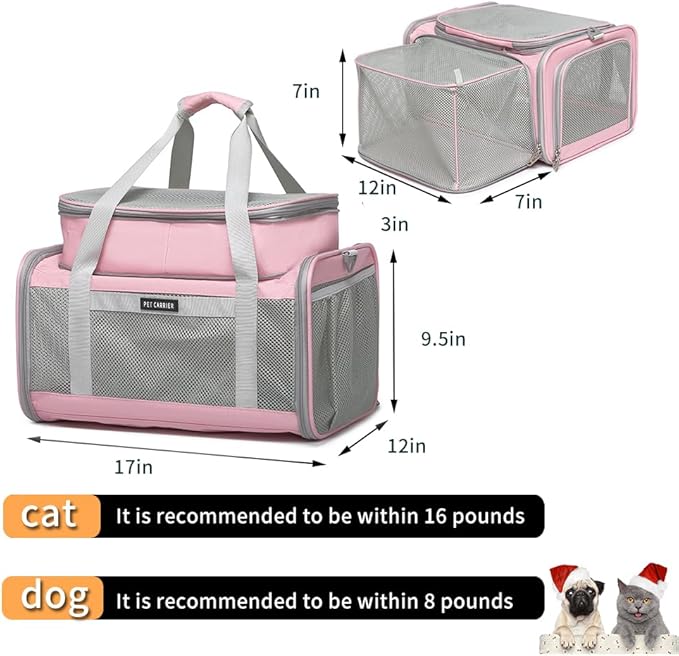 Airline Approved Pet Carrier for Cats and Small Dogs up to 15 lbs, Breathable Mesh, Portable Travel Bag for Bearded Dragon, Puppies Animal Hangbag, Rabbit Cage (Pink, Expandable)