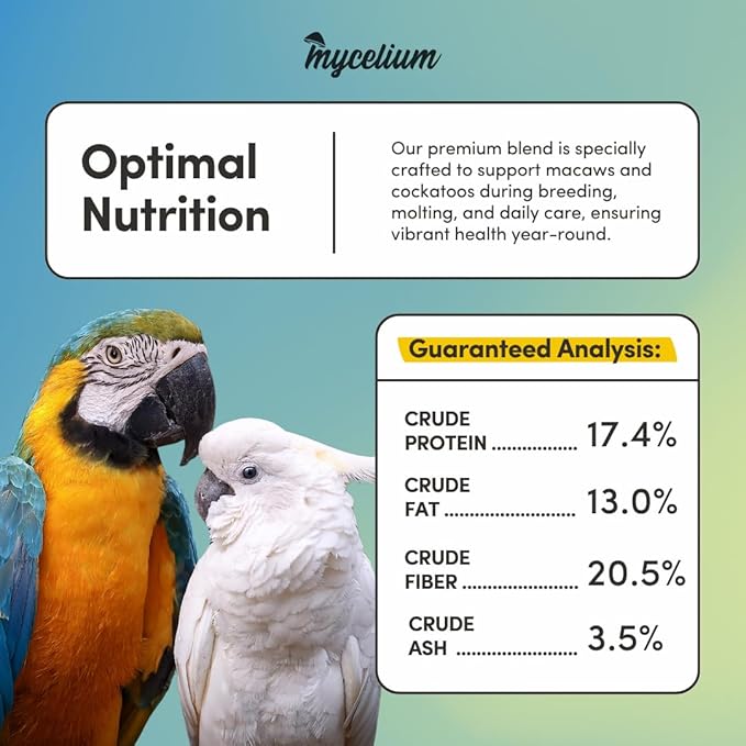 Mycelium Organic Macaw & Cockatoo Feed (5 LB Bag) | Organic Bird Seed for Large Pet Birds| High-Protein Seed, Pellet & Kibble Mix with Vitamins | Supports Digestion & Energy | USA-Made & Non-GMO