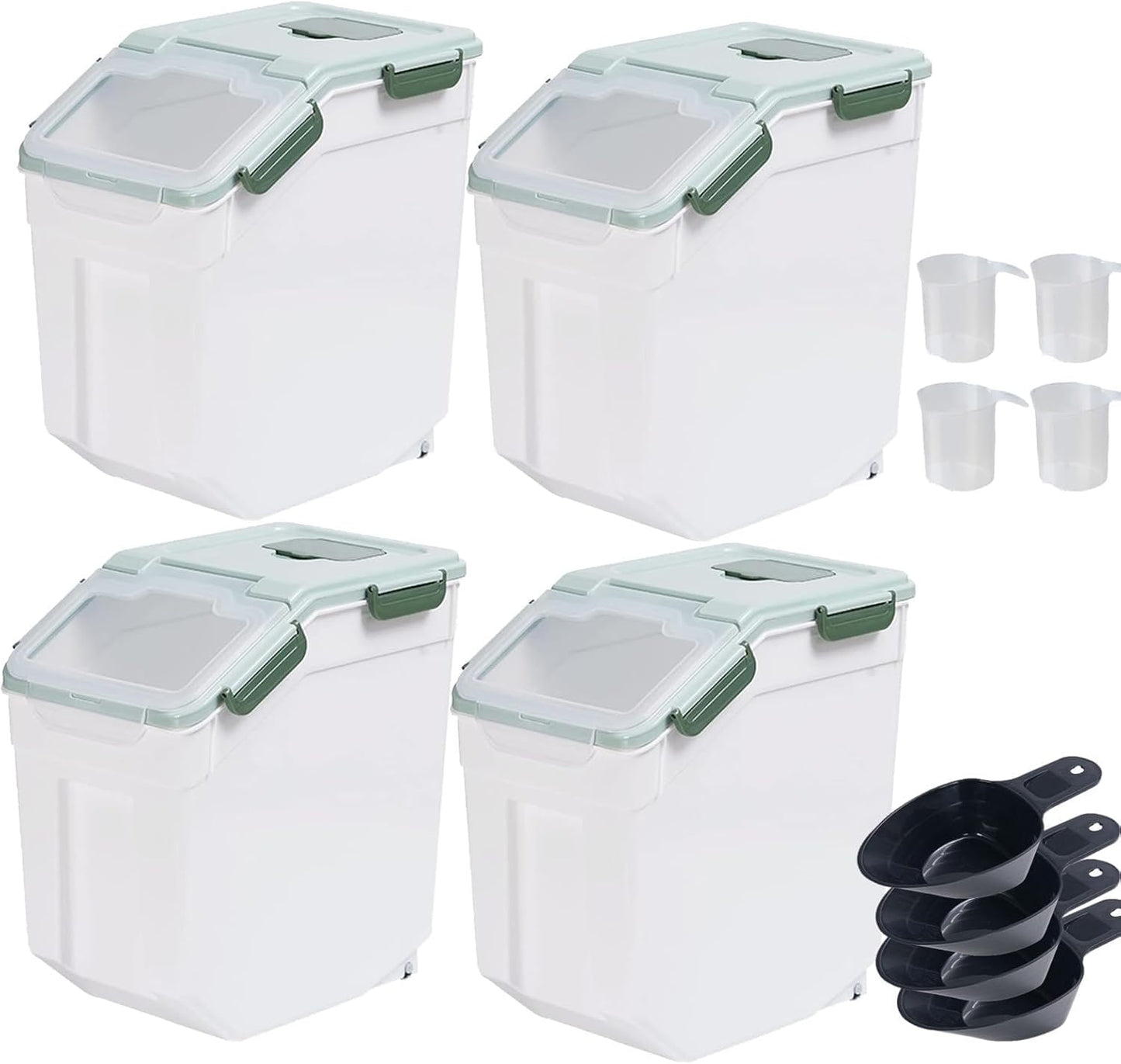 Large Flour Storage Container Bin 25lb, 4 Pack Airtight Rice Storage Containers with Wheels Seal Locking Lid, BPA Free, with Measuring Cup |Scoop, for Flour, Rice, Grain, Dry Food - Green