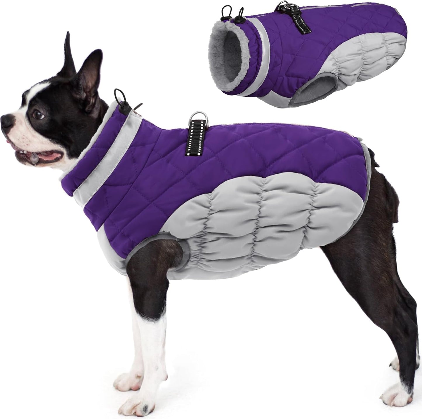 AOFITEE Dog Coat, Warm Dog Jacket, Reflective Winter Coats for Medium Dogs, Turtleneck Dogs Winter Jacket with Harness Built in, Waterproof Windproof Pet Fleece Vest Puffer Jacket, Purple M