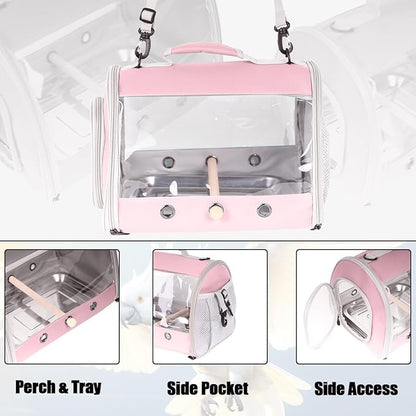 Long Tail Bird Travel Carrier Cage with Tray and Stand Perch, Portable Lightweight Clear Windows Carry Bag for Parakeet Budgies Cockatiel Transport to Vet (Pink, Cylinder Design - Clear)
