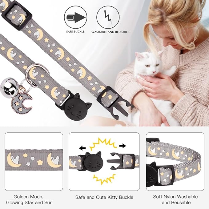 2Pcs Breakaway Cats Collars Cat Collars for Boy & Girl Cats Adjustable Kitten Collars with Bell,Black+Gray,8"-13.1"