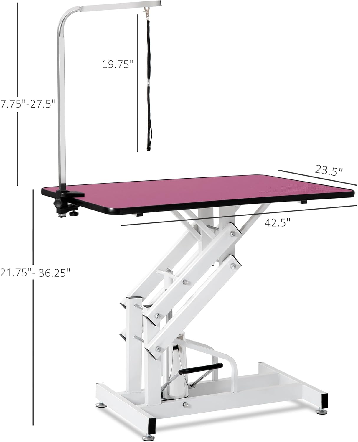 42.5" Hydraulic Dog Grooming Table for Large Dogs Heavy Duty Height Adjustable Dog Grooming Table with Overhead Arm & Noose Height Range 21-36 inch Pink