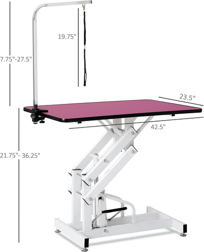 42.5" Hydraulic Dog Grooming Table for Large Dogs Heavy Duty Height Adjustable Dog Grooming Table with Overhead Arm & Noose Height Range 21-36 inch Pink