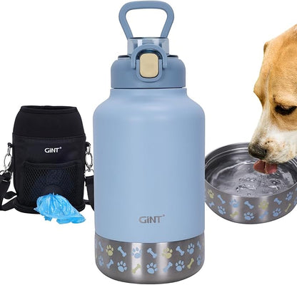 GiNT 37oz Insulated Stainless Steel Dog & Human Water Bottle, All-in-1 Travel Dispenser with Detachable Bowls & Carrying Case, Leak-Proof Pet Canteen for Walking, Hiking, Camping, Car (Blue)