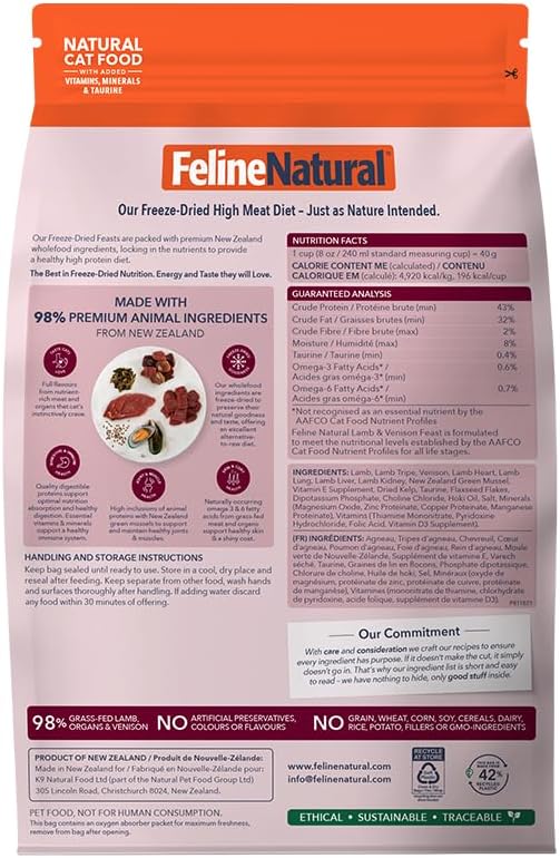 Feline Natural Grain-Free Freeze-Dried Cat Food, New Zealand Lamb & Venison 11oz