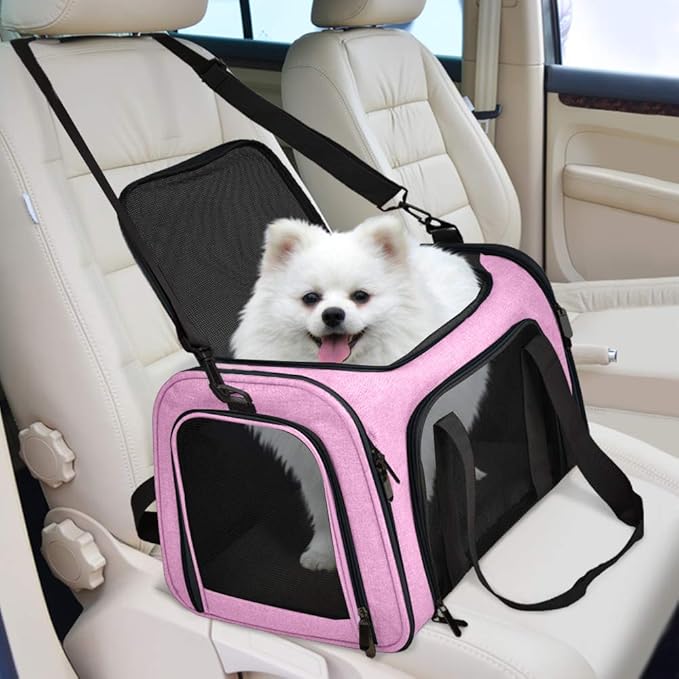 Henkelion Pet Carrier for Small Medium Cats Dogs Puppies up to 15 Lbs, TSA Airline Approved, Soft Sided, Collapsible Travel - Pink