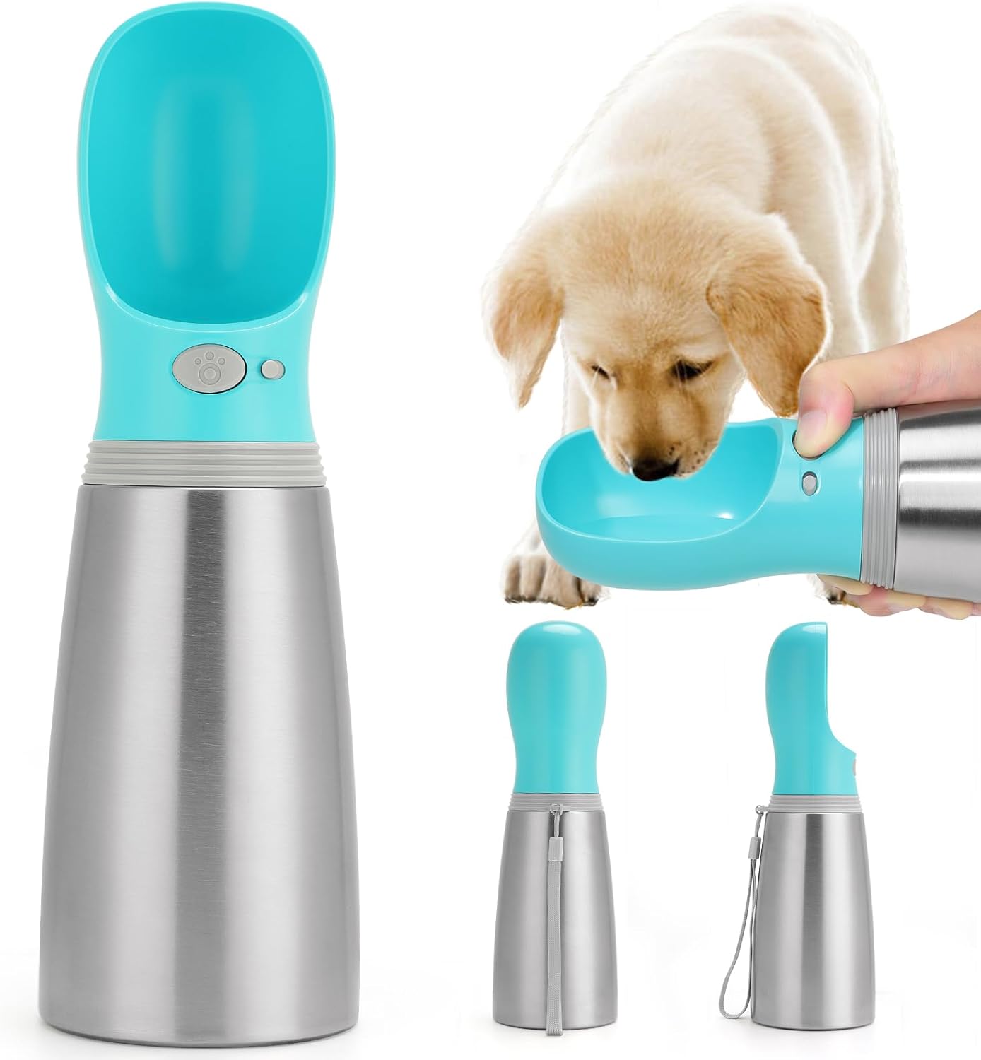 Portable Dog Water Bottle, 24 OZ, Stainless Steel Leak Proof Puppy Water Dispenser with Drinking Feeder for Pets Travel, Walking, Hiking and Outdoor Activities