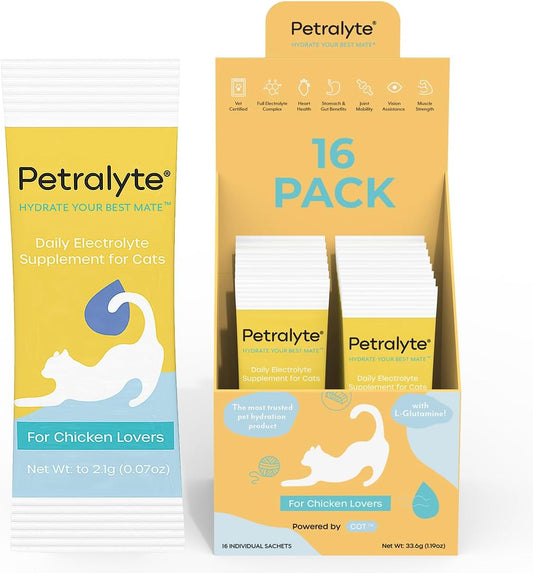 Petralyte Cat Hydration Electrolyte and Cat Joint Supplement | Hydration Support for Cats w/Glucosamine, Chondroitin, L-Glutamine, Taurine, Lysine & Prebiotics | for Chicken Lovers | 16 Packets