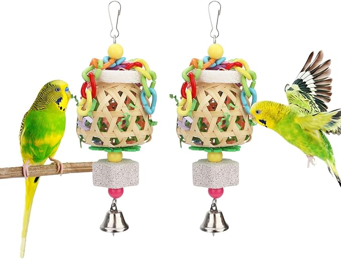 Hypeety Bird Foraging Toys Natural Seagrass Woven Basket Parrot Foraging Chewing Toy with Bell Colourful Parakeet Hanging Toys for Cockatiel Sun Parakeet Budgie Lovebirds (2pcs Woven Basket)