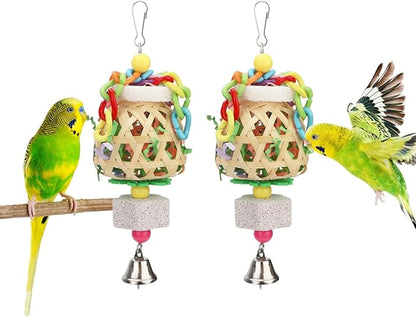 Hypeety Bird Foraging Toys Natural Seagrass Woven Basket Parrot Foraging Chewing Toy with Bell Colourful Parakeet Hanging Toys for Cockatiel Sun Parakeet Budgie Lovebirds (2pcs Woven Basket)