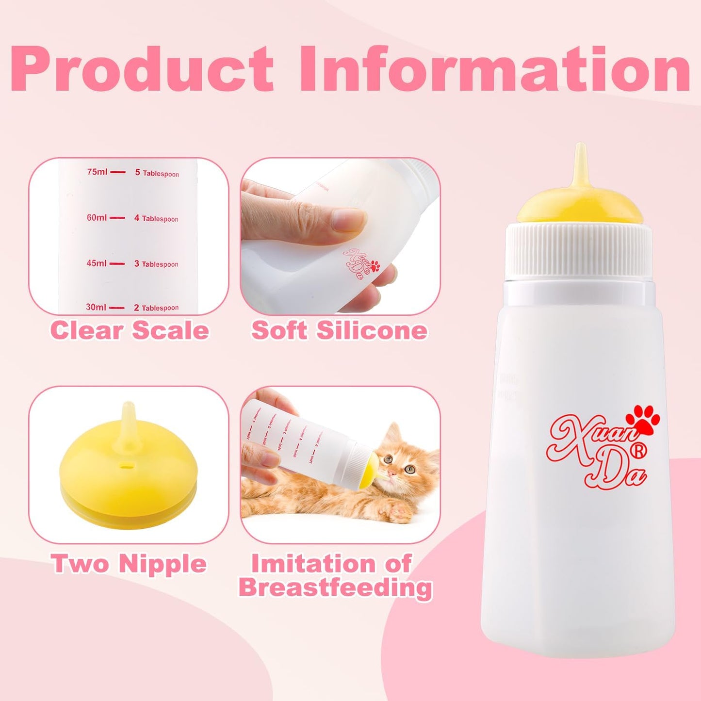 Kitten Bottle Feeding kit with Feeding Nipple and Syringe, Soft Silicone Nursing Pet Feeding Bottle, Ventilation Valve Resistant Tearing for Small Puppies, Kittens, Rabbit (S Nipple-Yellow)