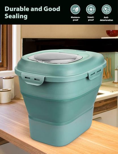 Cereal Rice Storage Containers, 20 to 50Lbs Collapsible Dry Food Dispenser Bins with Airtight Flip Lid Rolling Wheel, Kitchen Pantry to Store Sugar Flour, Dog Pet Cat Food Holder Container