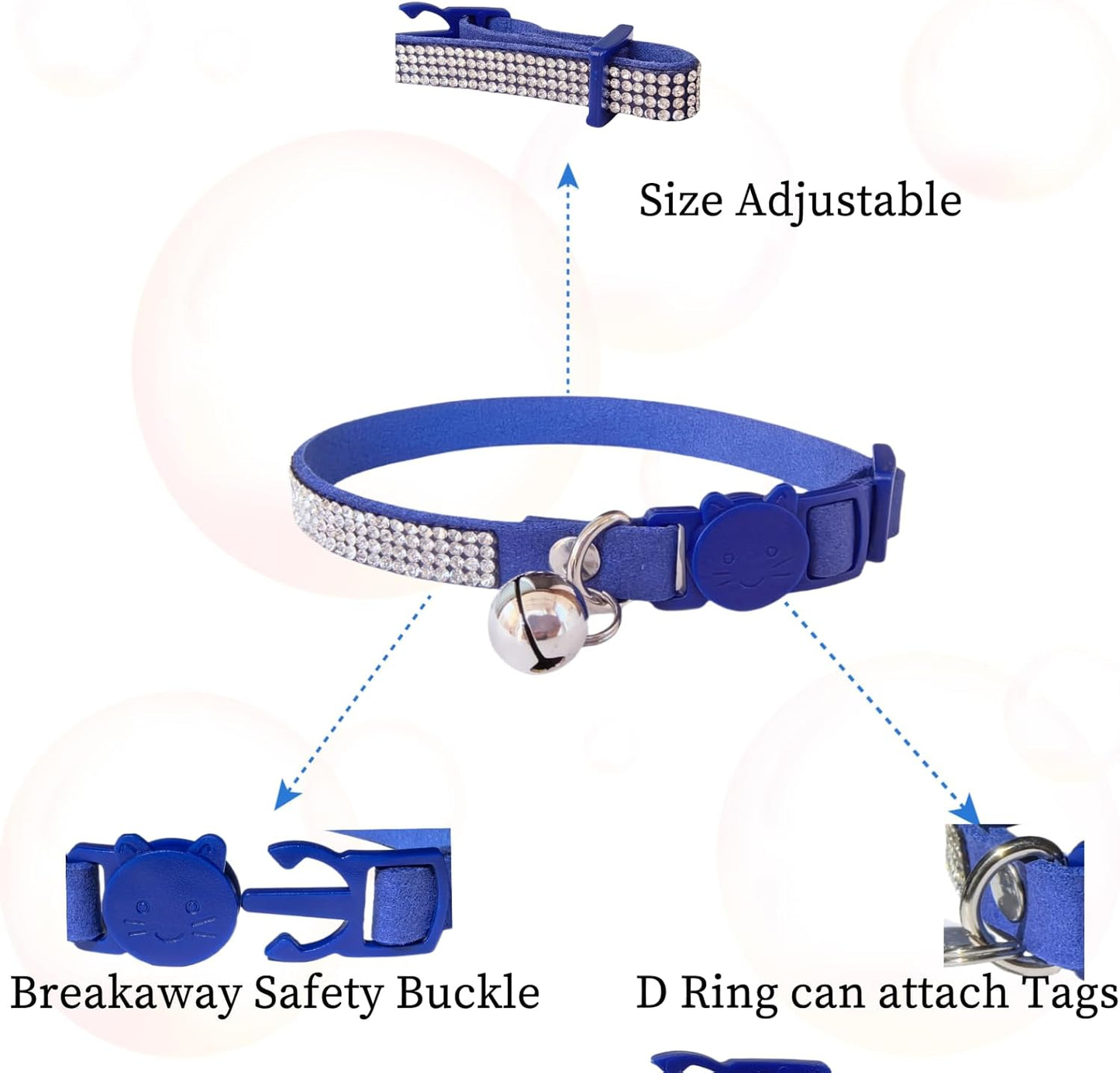 Rhinestone Cat Collar Breakaway with Bell Safety Buckle, Adjustable Diamond Girl Boy Kitty Cute Comfy Collar for Kitten Tiny Little Pets Rabbits, 6"-9" Blue Extra Small