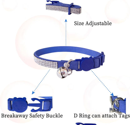 Rhinestone Cat Collar Breakaway with Bell Safety Buckle, Adjustable Diamond Girl Boy Kitty Cute Comfy Collar for Kitten Tiny Little Pets Rabbits, 6"-9" Blue Extra Small
