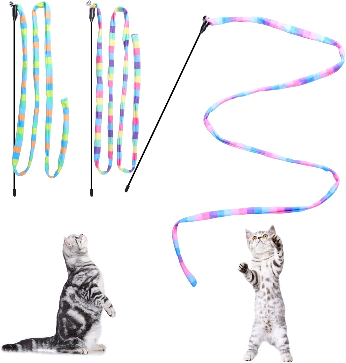 Cat Wand Toys Interactive Kitten Toys Cat Teaser Wand String Feather for Indoor Colorful Ribbon Wands Stick Toy Cat Charmer-3 Packs