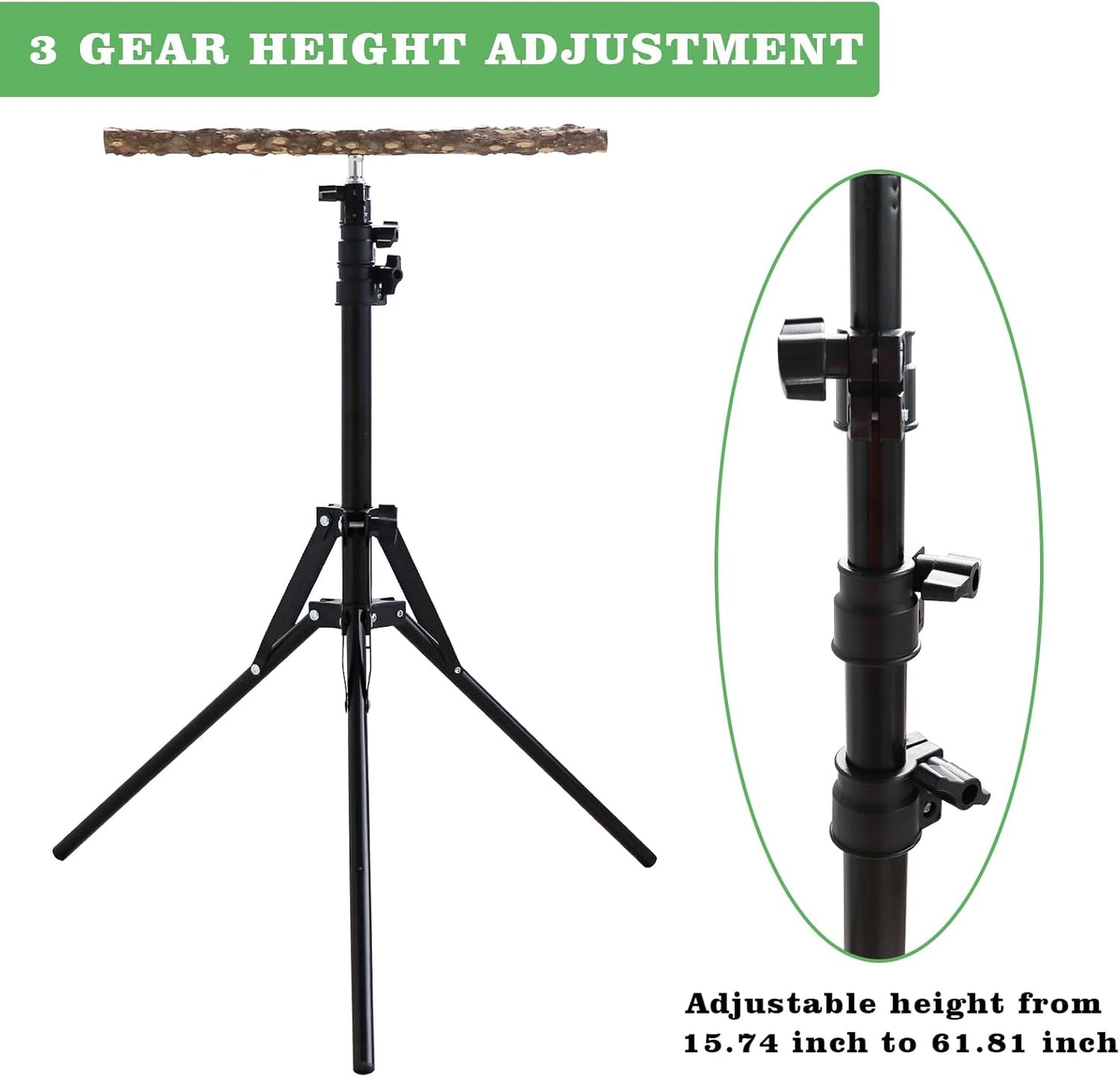 Wooden Bird Perch Stand with a Height Adjustable Tripod, Bird Training Accessories for Indoor or Outdoor, Birds Stand for African Grey, Budgies, Cockatiels, Lovebirds, Conures, Small to Medium Birds