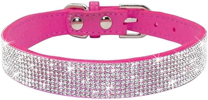 Rhinestone Dog Collar, Cute Dazzling Sparkling Soft Suede Leather Adjustable Pet Dog Cat Collar Crystal Diamond for Puppy Small Medium Large Dogs (XXS:15.5-21cm, Hot Pink)