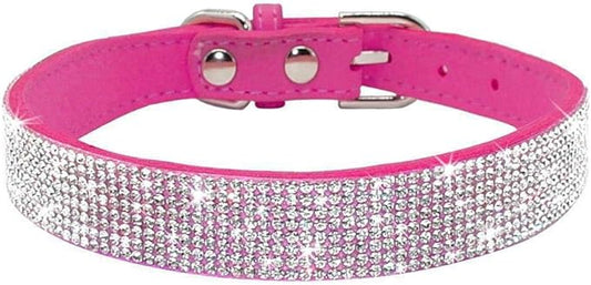 Rhinestone Dog Collar, Cute Dazzling Sparkling Soft Suede Leather Adjustable Pet Dog Cat Collar Crystal Diamond for Puppy Small Medium Large Dogs (S:26-32cm, Hot Pink)