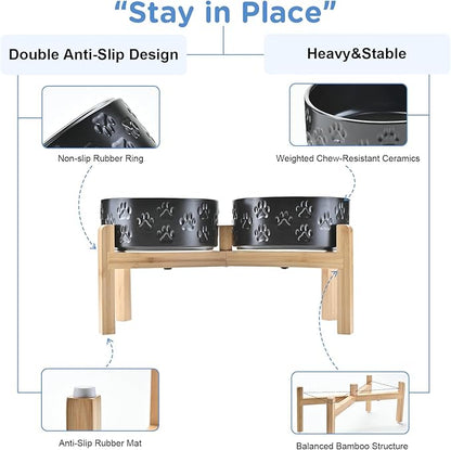 SPUNKYJUNKY Elevated Dog Bowls Ceramic, 7.3'' Dogs Food Water Bowls Raised with Non-Slip Bamboo Stand for Medium to Large Sized Breed Microwave Dishwasher Safe - 42 OZ,Paw Black