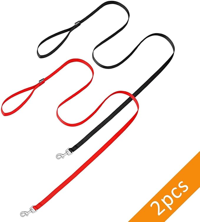 AMAGOOD 6 FT Puppy/ Dog Leash, Strong and Durable Traditional Style Leash with Easy to Use Collar Hook, Great for Small, Medium and Large Dogs (1" x 6 ft, Black and Red (2-Pack))