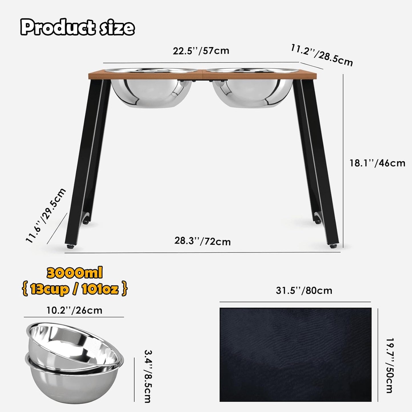 Elevated Dog Bowls for Large Dogs, Extra Large Breed, with Spill Proof Mat, Two 3000ML(13CUPS) Food & Water Bowls, Stable Raised Bowl, 18.1" Tall Dog Bowl Stand for XX Large Dogs