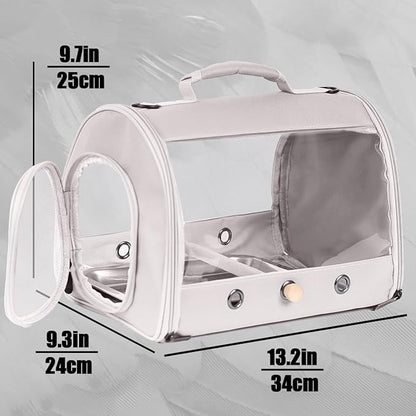 Small Bird Travel Carrier Cage for Long Tail Bird Parakeet Parrot, Includes Metal Tray Soft Mat and Wooden Standing Perch, Hands Free Lightweight Clear 2 Windows