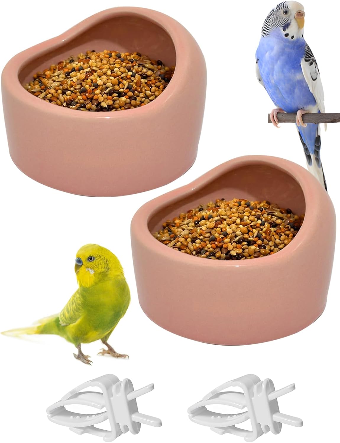 2 Pcs Bird Food Bowl Small Ceramic Bowls for Birds Parakeet Food Bowl Parrot Feeding Cups, Bird Cage Feeder with 2 Plastic Feeding Clips for Parakeets Conure Cockatiels Lovebird Budgie (Pink)