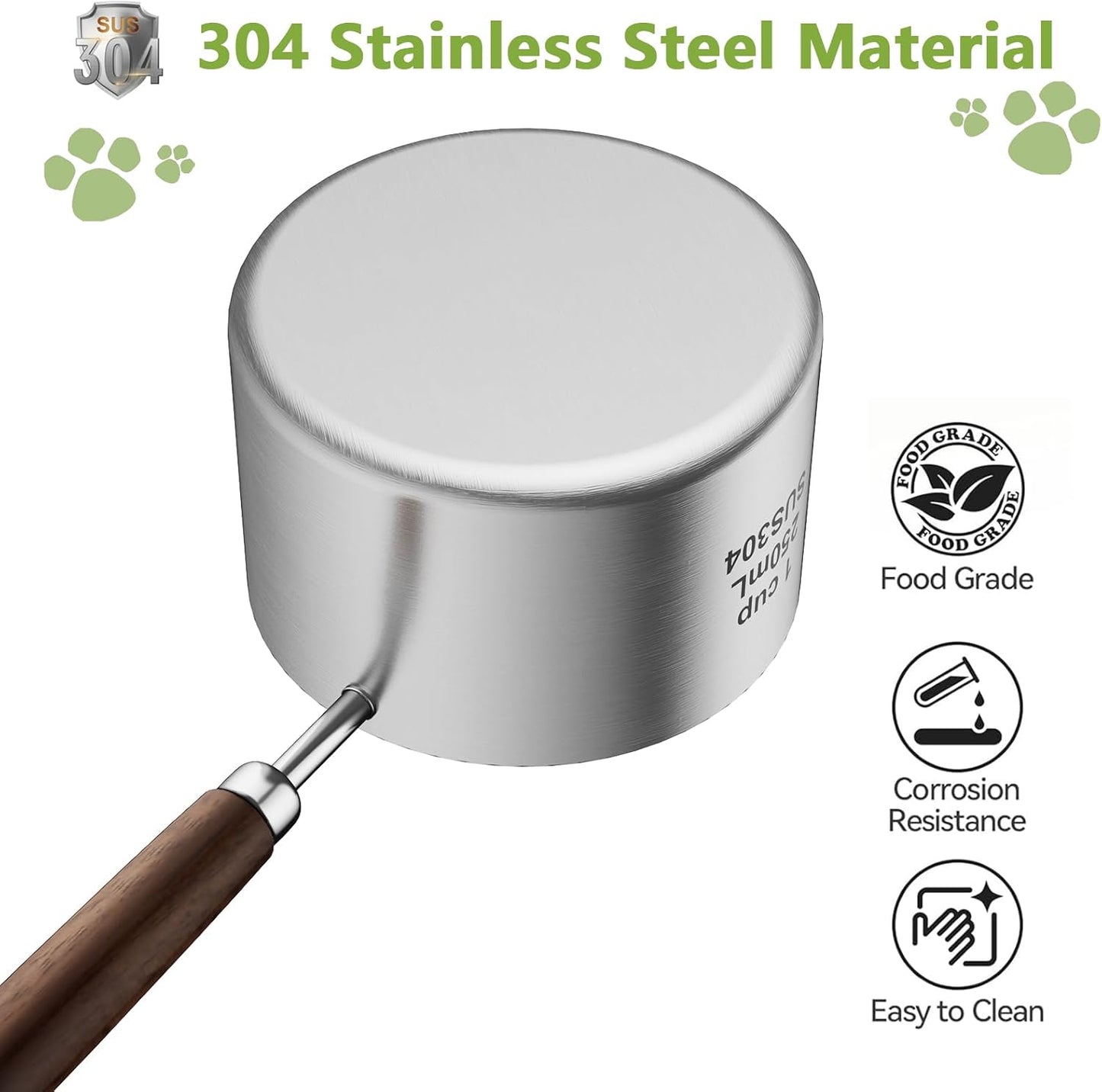Dog-Cat Food Scoop 1 Cup, 304 Stainless Steel Measuring Cup with Long Wooden Handle, Pet Food Scoop for Rabbit, Easy to Clean Precise Scale