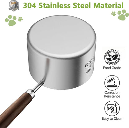 Dog-Cat Food Scoop 1 Cup, 304 Stainless Steel Measuring Cup with Long Wooden Handle, Pet Food Scoop for Rabbit, Easy to Clean Precise Scale