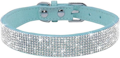 Rhinestone Dog Collar, Cute Dazzling Sparkling Soft Suede Leather Adjustable Pet Dog Cat Collar Crystal Diamond for Puppy Small Medium Large Dogs (L:38-46cm, Light Blue)