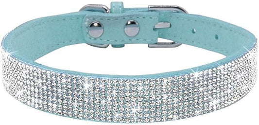 Rhinestone Dog Collar, Cute Dazzling Sparkling Soft Suede Leather Adjustable Pet Dog Cat Collar Crystal Diamond for Puppy Small Medium Large Dogs (L:38-46cm, Light Blue)