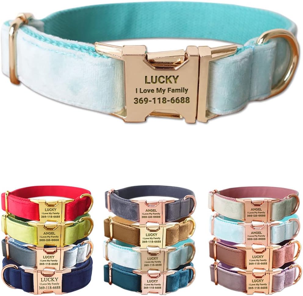 PETDURO Personalized Dog Collar Mint Blue Soft Velvet for Large Medium Small Boy Girl Dogs - Custom Collar with Name Phone Number Engraved on Gold Metal Buckle - Add Leash Bow Set via Customize Now