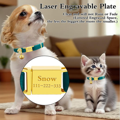 Personalized Breakaway Cat Collars - Magnetic Buckle, Bell - Safety Quick Release, Customized for Girls & Boys Cats- (Velvet-Green)