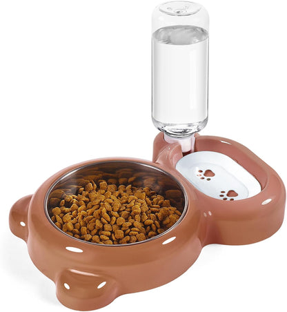 Dog Bowls, Cat Food and Water Bowl Set with Water Dispenser and Stainless Steel Bowl for Cats and Small Dogs - Brown