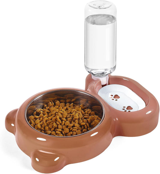Dog Bowls, Cat Food and Water Bowl Set with Water Dispenser and Stainless Steel Bowl for Cats and Small Dogs - Brown