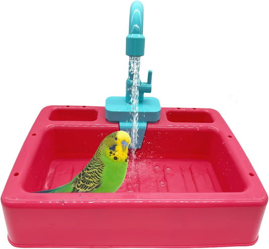 kathson Parrot Bathtub,Automatic Bird Shower Box,Multifunctional Parakeet Bathtub with Faucet,Bird Bathing Tub Pool Toy for Small Medium Birds Cockatiel Lovebird Budgie（Red-Orange）