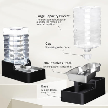 RIZZARI Stainless Steel Pet Water Feeder: 9.5L Black Automatic Leak-Proof Gravity Dispenser - Without Filter - for Senior 40-60 LB Dogs with Joint Spine Issues -Garage Living Room