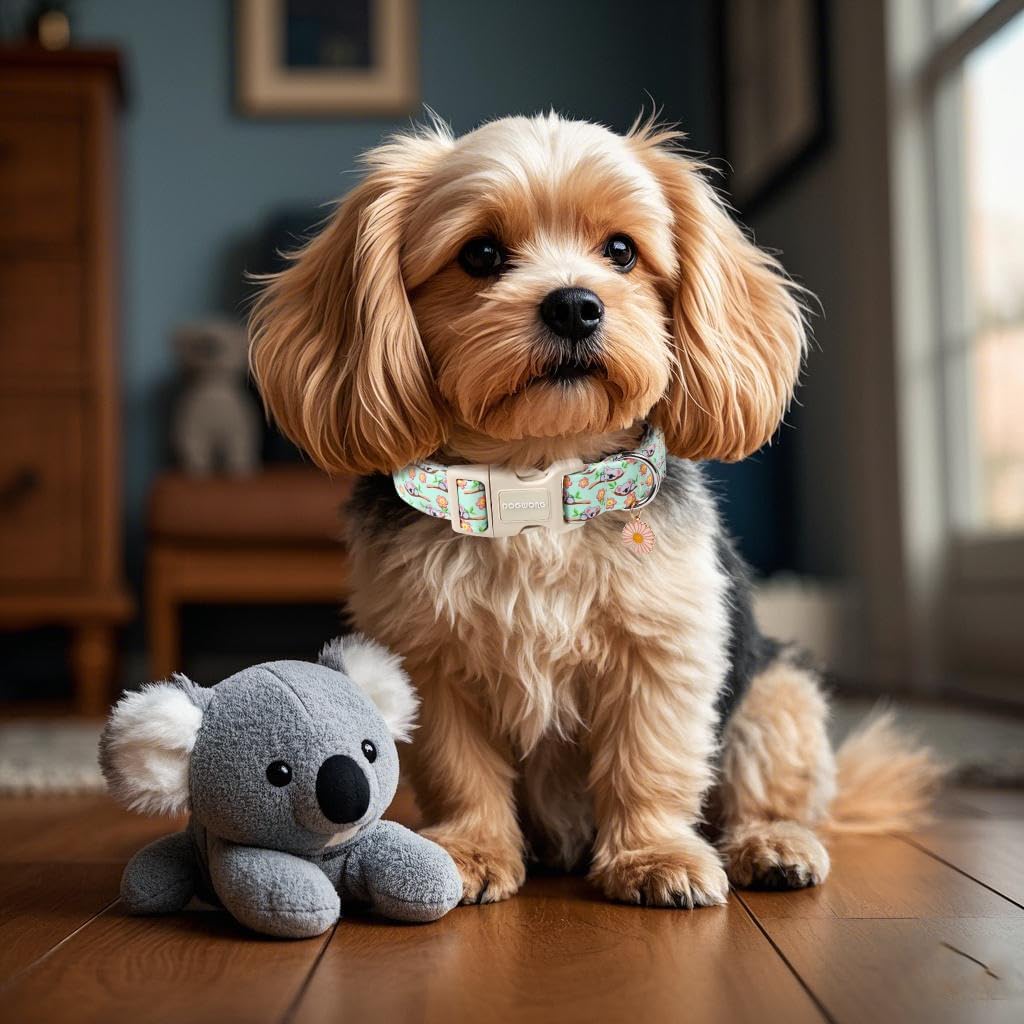 DOGWONG Summer Koala Dog Collar, Green Pink Flower Dog Collars, Adjustable Cute Pet Collars Boy Girl Design Dog Collar for Small Medium Large Dogs