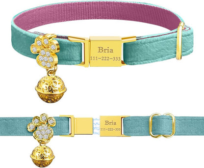 Personalized Breakaway Cat Collars - Magnetic Buckle, Bell - Safety Quick Release, Customized for Girls & Boys Cats- (Velvet-Lake Blue)