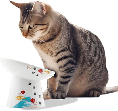 Necoichi Raised Cat Food Bowl – Ceramic Elevated 15° Tilted Cat Bowl for Whisker & Neck Fatigue, Dishwasher Microwave Safe – Non-Slip & Anti Vomiting Ergonomic Design (Fuji, Extra Wide Tilted)