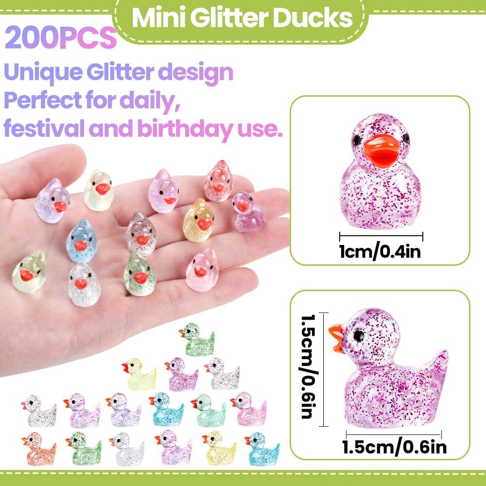 200pcs Mini Glitter Ducks 12 Colors Tiny Small Little Resin Duck to Hide Animal Figures for Dollhouse Micro Garden Landscape Decoration Craft Party Favors Toys