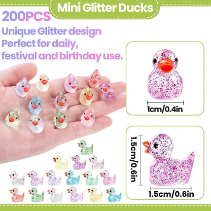 200pcs Mini Glitter Ducks 12 Colors Tiny Small Little Resin Duck to Hide Animal Figures for Dollhouse Micro Garden Landscape Decoration Craft Party Favors Toys