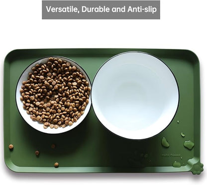 Hoki Found Silicone Pet Food Mat - High-Lips Dog Cat Bowl Placemat - Waterproof, Dark Olive