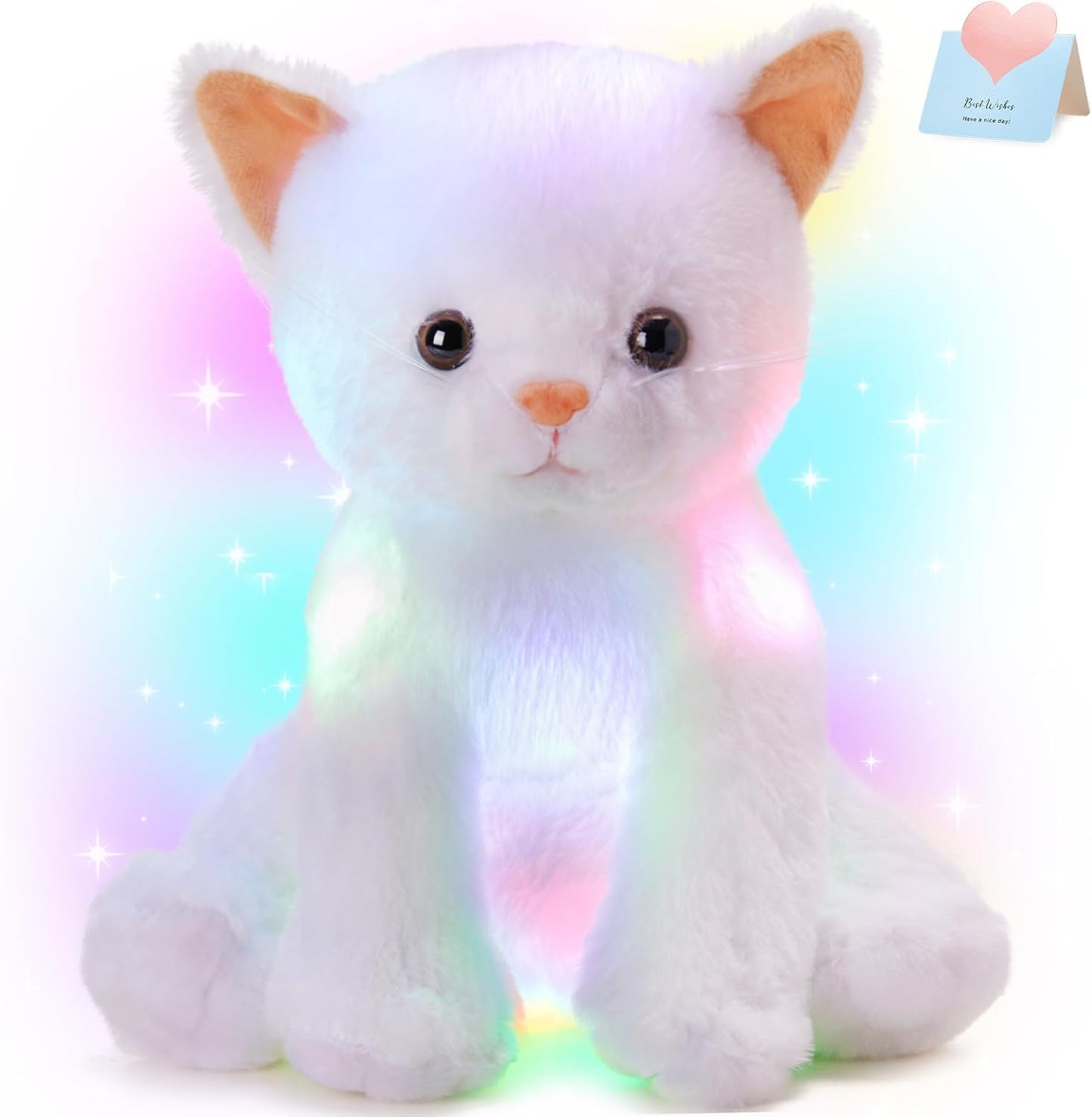 Houwsbaby Light up Cat Stuffed Animal LED Glowing Kitty Plush Toy Floppy Kitten Toy Night Lights Birthday Presents for Kids Toddler Girls, White, 12''