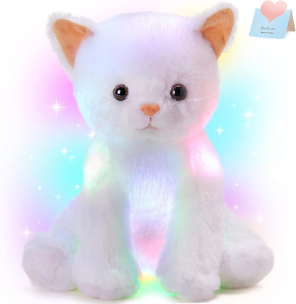 Houwsbaby Light up Cat Stuffed Animal LED Glowing Kitty Plush Toy Floppy Kitten Toy Night Lights Birthday Presents for Kids Toddler Girls, White, 12''