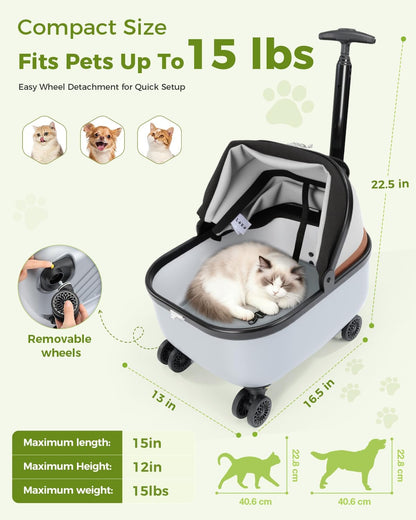 Lekereise Cat Carrier with Wheels (Gray), 180° Wide Open Rolling Cat Carrier for Road Trips, Car Trunk-Fit & Stable Base for Long-Distance Travel, Portable Pet Carrier for Cats Up to 15 lbs