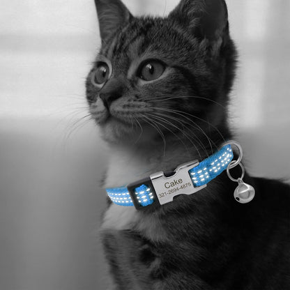 Personalized Reflective Nylon Cat Collar with Name Phone,Custom Engraved Buckle Cat Collar with Bell,Adjustable for Small Dogs Puppy Kitten (Light Blue,fit 7.5''-12.0'')